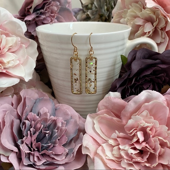 Boho Gilded Gold Rectangular Shell Dangle Earrings - Picture 5 of 16